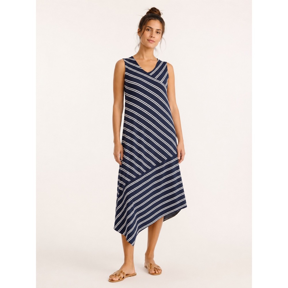 Chico's Striped Asymmetrical Hem Midi Dress Women Size 1 M Navy White Sleeveless